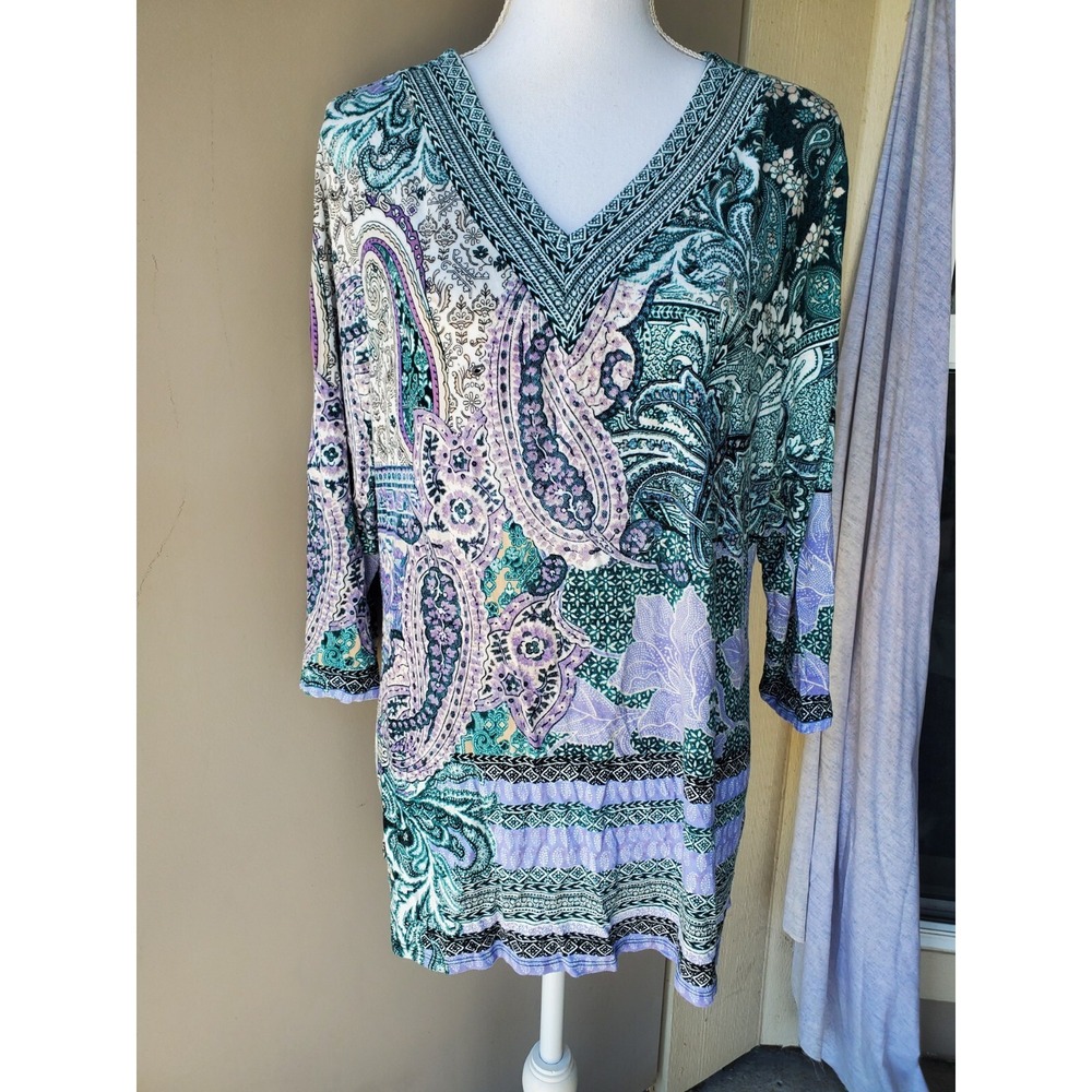 Chicos 3P‎ Top Womens Petite XL Green Purple Pink Floral Stretch Soft 3/4 Sleeve